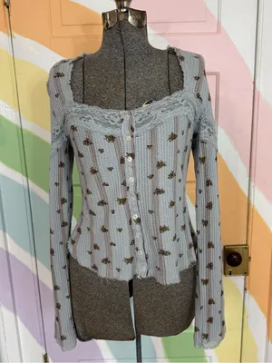 Free People Lets Party Floral Lace Trim Cotton Cardi Boho Cottagecore Sz Med 💛🍄 thumbnail 5