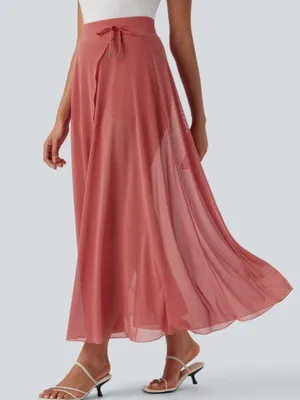 NWOT Halara Coral High Waisted Drawstring Mesh 2-in-1 Pocket Maxi Skirt thumbnail 1