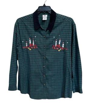 Nutcracker‎ Womens Shirt Plaid Green Blue Candles Holiday Christmas Xlarge thumbnail 1