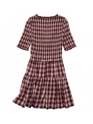 AE Puff Sleeve Tie Front Plaid Mini Dress American Eagle Pink NWT Burgundy XXL thumbnail 5