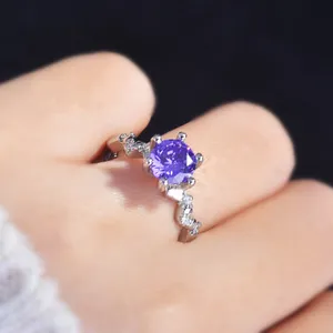 18K White Gold Plated Adjustable Birthstone Purple Crystal Amethyst Ring for Women thumbnail 5