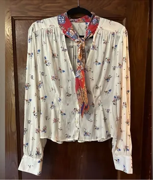 Free People Long Sleeve Floral Tie Front V Neck Blouse Size Large thumbnail 1