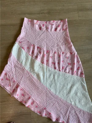 Asymmetrical pink floral patchwork midi skirt thumbnail 2