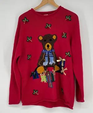 Cherokee Red Teddy Bear Christmas‎ Holiday Present Sweater Womens XL Uique thumbnail 1