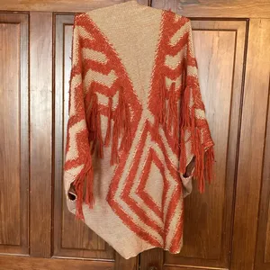Free People Boho Diamond Fringe Kimono Cardigan Cacoon Knit Sweater Red One Size thumbnail 2