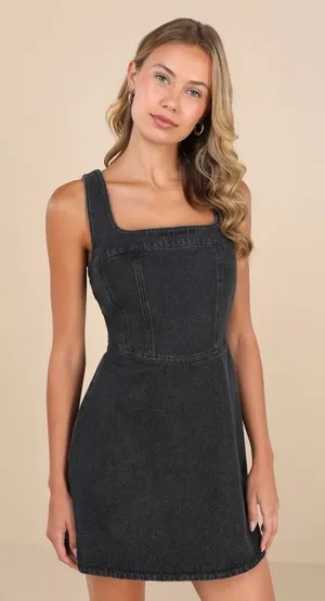 NWT Lulus So Delighted Washed Black Denim Corset Seam Mini Dress LBD Party Sz S thumbnail 1
