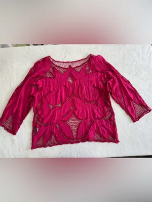 Surya Pink Beaded Sheer Floral Lace Top Boho Y2K Blouse Size L thumbnail 6