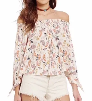 Free People Lexington Off Shoulder Floral Boho Blouse Small‎ Tie Cuff Ivory thumbnail 1