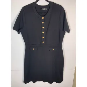 Merokeety Dress XL Black Gold Button Short Sleeve Knit Preppy Career Mini thumbnail 4