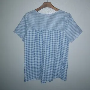 Tati Fashion M Blue Checked Snap Front Short Sleeved Pocketed House Coat thumbnail 2