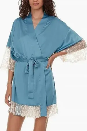 Flora Nikrooz‎ Gabby Lace Trim Satin Chermeuse Wrap Robe Women XS NWT thumbnail 1