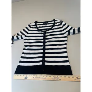 White House Black Market Striped Cardigan Size M Black White thumbnail 4