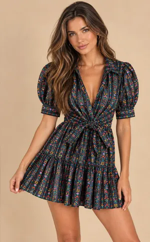 Sincerely Ours Fall Floral Plunge V Neck Puff Sleeve Belted Bow Mini Dress NWT thumbnail 1