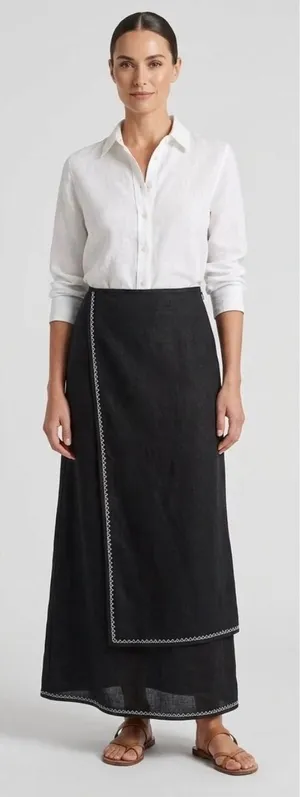 J. Jill Black 100% Linen Faux Wrap Maxi Skirt White Contrast Stitching Size 4 thumbnail 1