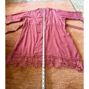 Pink Lace Trim Kimono Robe Sheer Tie Waist Lightweight One Size thumbnail 4
