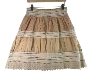 Crochet Lace Eyelet Tiered Mini Skirt S Tan Boho Cottagecore Prairie‎ Fairy Soft thumbnail 1