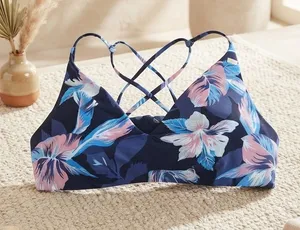 ROXY Women’s Tropical Floral Bikini Top Navy Blue Pink Bralette Criss Cross Back thumbnail 1