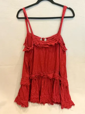Free People Intimately Boho Red Mini Dress Raw Hem Ruffle‎ Festival Fairycore M thumbnail 5