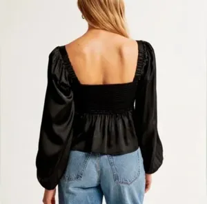 Abercrombie Emerson Blouse Satin Smocked Black thumbnail 2