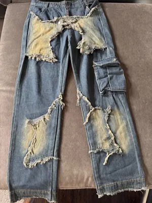 Women’s Streetwear Y2K Blue Denim Jeans Star Design Baggy Wide Leg Size 28 NEW thumbnail 1