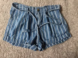 American Eagle Striped Paper Bag Shorts Blue White Tie Waist Size 8 thumbnail 2