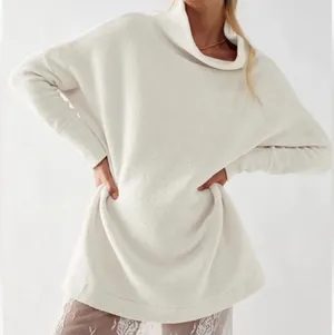🤍 Free People Ottoman Slouchy Tunic Sweater Cream Ribbed Mock Neck Medium 🤍 thumbnail 1