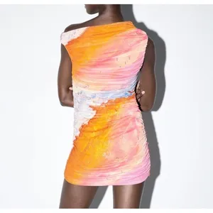 Zara Womens Ruched Mesh Mini Dress Abstract Sunset Watercolor Orange Pink medium thumbnail 2