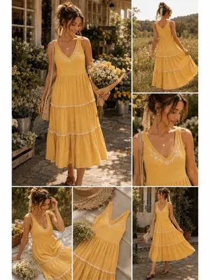 NEW Joie Mustard Sleeveless Tiered Midi Dress with Waist Sash SIZE 8 Boho thumbnail 2
