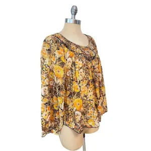 Free People We The Free Cool Meadow Midnight Combo Long Balloon Sleeves Boho Slouchy Top L thumbnail 6