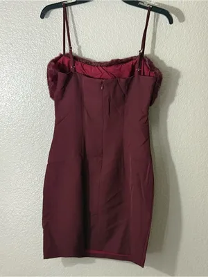 Naked Wardrobe Burgundy Faux Fur Trim Mini Dress Sexy Date Night Club Prom Med thumbnail 6