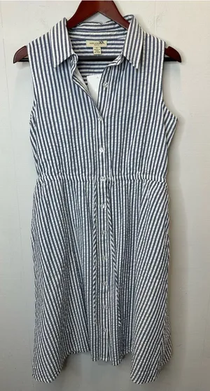 Appleseed's PS Blue and White Striped Sleeveless Midi Shirt Dress thumbnail 1