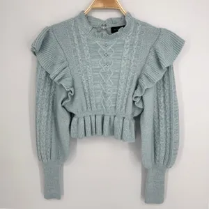 MAJORELLE Langley Cable Ruffle Sweater Small Blue Coquette Cottagecore Boho thumbnail 4