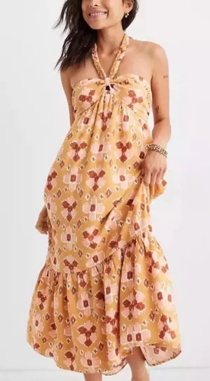 Aerie Orange Tribal Boho Braided Halter Neck Maxi Linen Blend Sun Dress NWOT thumbnail 1