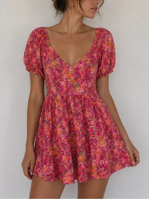 RESA Amber Floral Mini Dress‎ Size S Pink Puff Sleeve Open Back Tie thumbnail 1