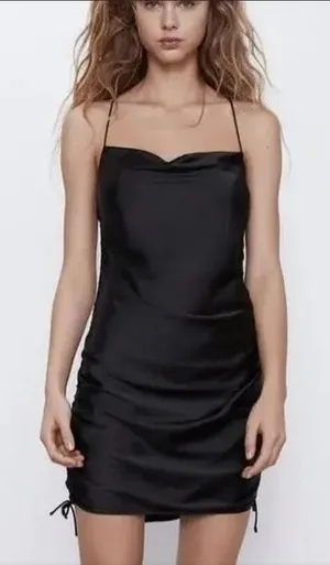 Zara -1224 Black Satin Cowl Neck‎ Ruched Side Tie Sleeveless Mini Dress Small thumbnail 1