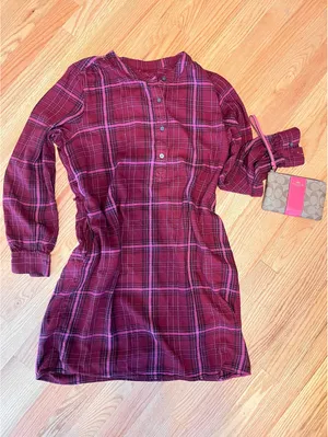 GAP Burgundy Plaid Flannel Long-Sleeve Shirt Dress Size M Fall thumbnail 1