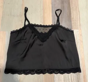 Brandy Melville Black Satin Lace Trim Cami Crop Top One Size Mesh Detail thumbnail 1