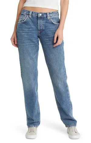 Free People We the Free CRVY Low Rise Siren Button Fly Straight in Blue Denim thumbnail 1