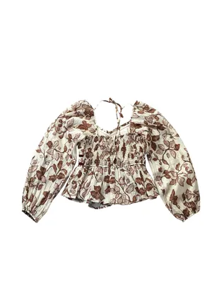 Prómesa Cream Brown Floral Puff Sleeve Babydoll Top Velvet Trim Cottage Renfaire Romance thumbnail 7
