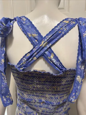 LoveShackFancy Belle Smocked Tie Straps Cotton Mini Dress Blue Jay Floral Print thumbnail 9