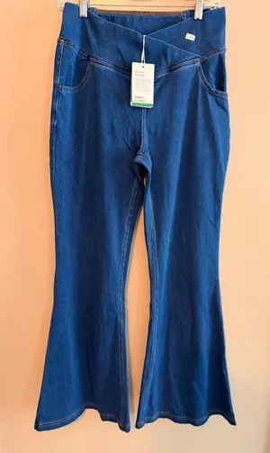Halara large Womens Dark Wash Denim Criss Cross Waist Flare Jeans Size L thumbnail 1