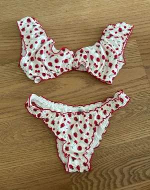Frankie's Bikinis White and Red Strawberry Print Ruffle bikini thumbnail 1