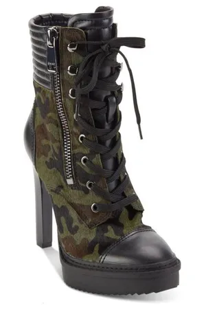 DKNY New Steffi Calf Hair Leather Combat Camo Lace-up Stiletto Bootie 6.5 thumbnail 1