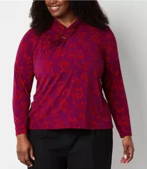 NWT‎ LIZ CLAIBORNE Women’s Career Blouse 3X Magenta Scroll Long Sleeve Stretch thumbnail 1