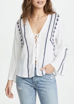 Lush Clothing Boho Peasant Blouse White Blue Embroidered Lace Up Bell Sleeve Top Womens L thumbnail 1