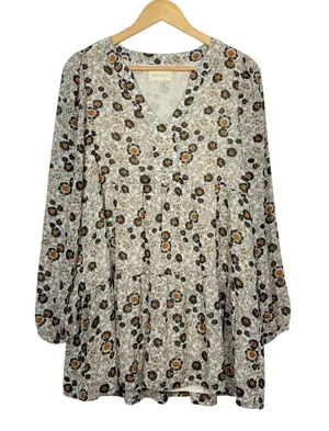 Melloday Babydoll Tunic Top Womens Size Small Tan Floral V-Neck Long Sleeve Boho thumbnail 1