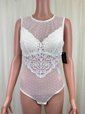 INC INTIMATES Lace Mesh Molded Cup Underwire Thong Bodysuit Sz MD White Cup C-D thumbnail 1