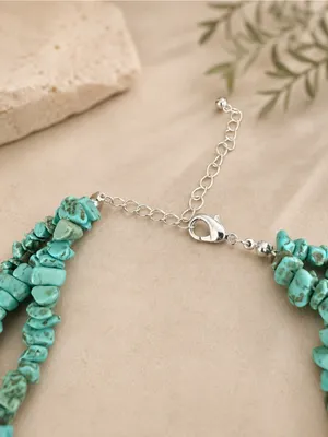 Turquoise Southwestern Chip Triple Strand Necklace With Silver Colored Metal thumbnail 3