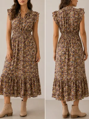 Anthropologie Othilia Aleksia Floral Boho Mustard Purple Ruffle Cottagecore Maxi Dress thumbnail 10