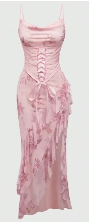 Womens Pink Pastel Floral Lace-up Corset Ruffle Coquette Fairy Maxi Dress Size S thumbnail 1